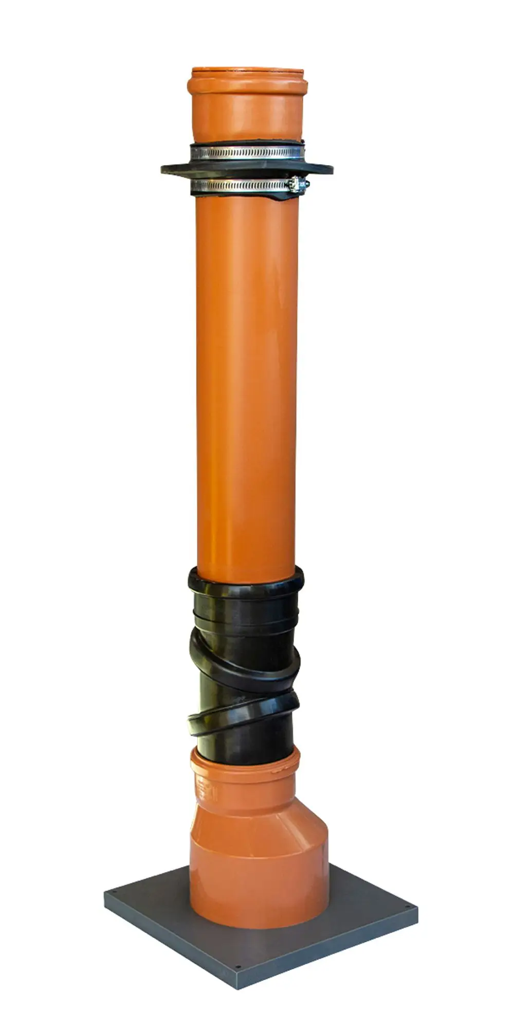 Rinnenablauf von Grünbeck mit PVC-Streichflansch in orange, konisch zulaufend, auf grauem Sockel, geeignet für Ablaufsysteme.